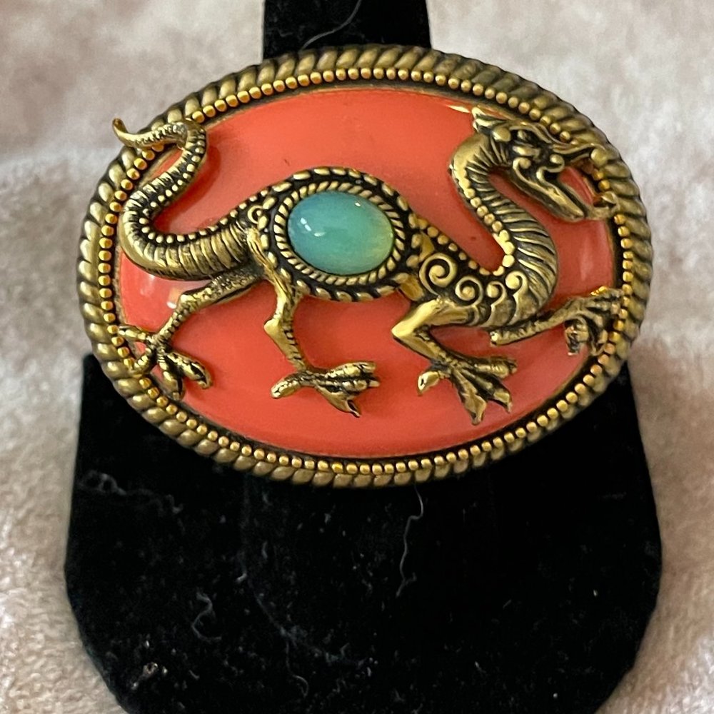 Antique Stone & Brass Dragon Ring By Patrice ~ Size 7 3/4
